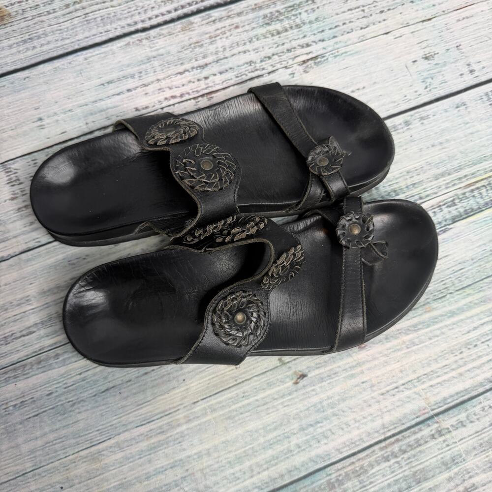Mephisto Black Leather Comfort Slide Sandals Rosette EU 39 us 9 Comfort Shoes